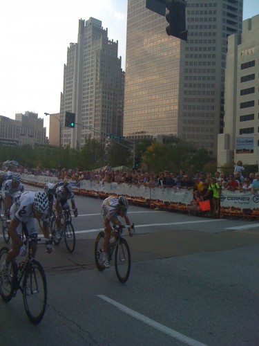 My view of the sprint at 100 meters.  Cavendish seems small here too.   He's coming by Thor with JJ on his wheel.  