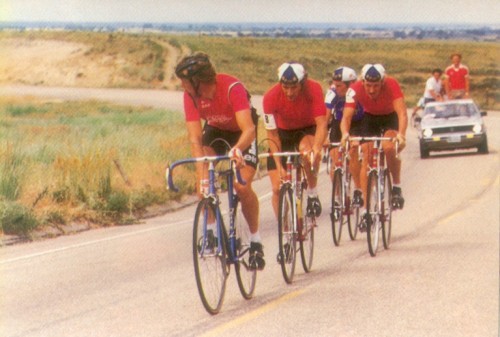Greg LeMond, in front in the red Coor’s Classic leaders jersey, alone against the whole Russian National Team