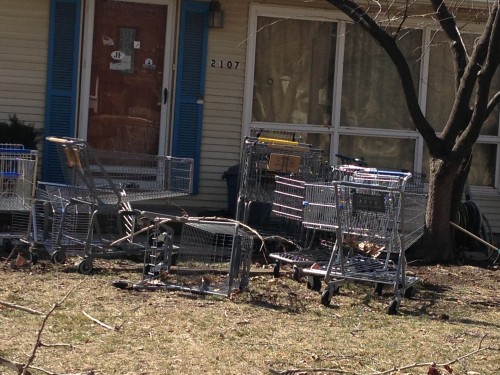 I'm still wondering where someone would get so many shopping carts and just pile them in their front yard.  I'm wondering if a grocery store or someone pays a finders fee if I were to return them.  I could go get them and then walk them around the city, returning them to their homes.  That would probably be a long walk.  I'm not to that point yet.