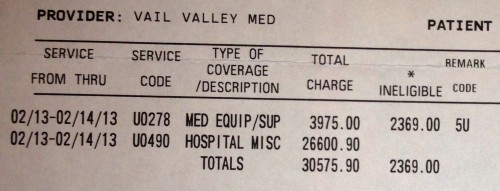 I'm going to do a whole post on this, but this is just a teaser.  This bill was for one day at the Vail hospital.