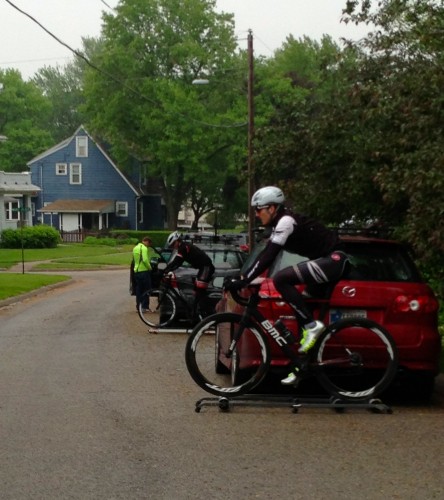 Guess riding rollers behind you car is the best way to warm up nowadays before a rainy criterium.