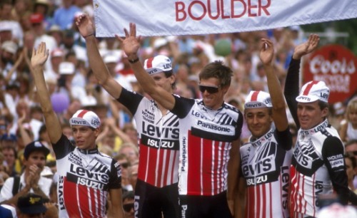 We won the team GC overall that year.  This is Andy Hampsten, me, Phil, Roy Knickman and Thurlow Rogers at North Boulder Park after the final stage.