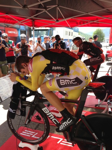 Tejay warming up for the Vail TT.  Notice the ice vest.