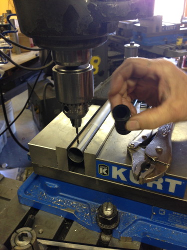Kent drilling the ti seatpost for a set screw.