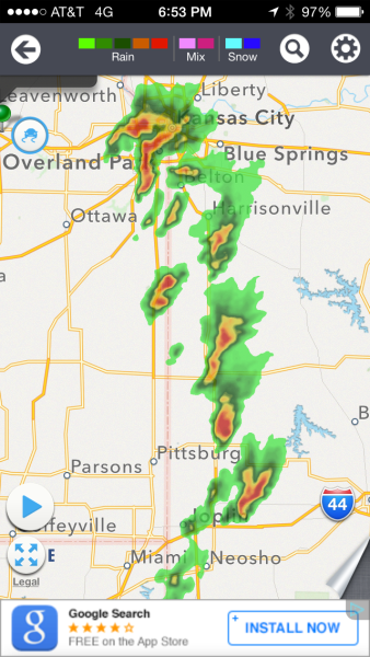 I-49, the road we were driving is directly under this line of storms.  I love thunderstorms in the Midwest.  I just don't like driving in them.
