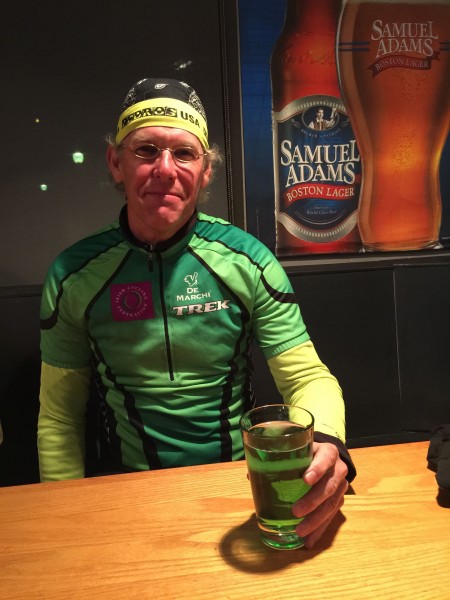 My brother, Kris, looking svelt, last night on the St. Patrick's Day beer ride.  The green beer looked pretty horrible.  