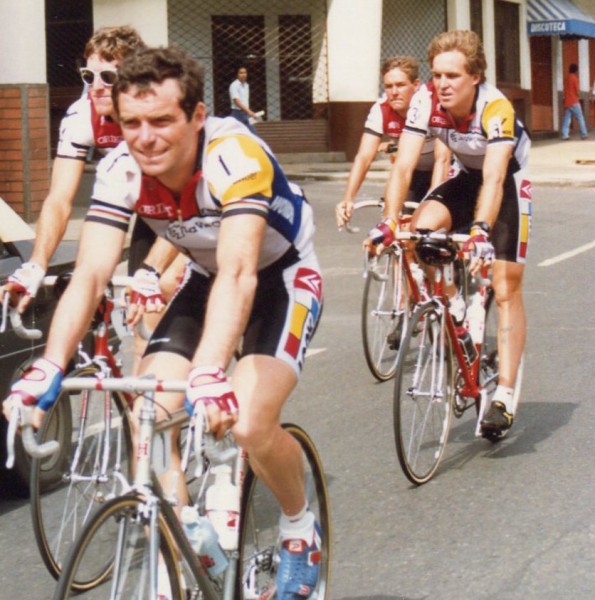 The remains of the La Vie Claire team riding to the start of a stage of the RCN. I'm behind Hinault.  Thurlow Rogers is behind him.