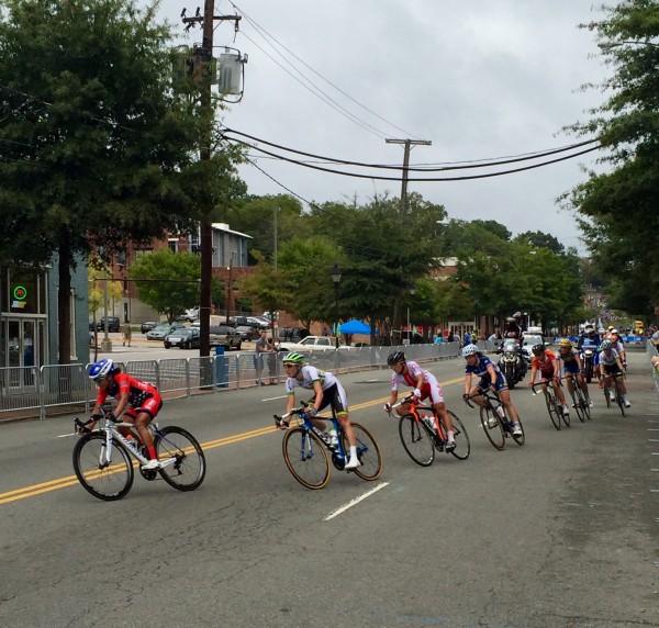 Coryn Rivera leading the break towards the 23rd street cobble climb with 1 1/2 lap to go. This break got caught with about 5 km to go.