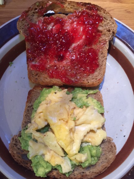 Gwen told me to try the avocado/egg smear. I'd already put butter and jam on the other piece, my normal toast coverings.