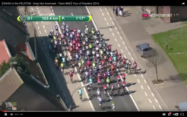 Look in this screen shot of the video how many teams are riding "in formation" on the interior of the peleton, riders on both sides of them. How impossible is it to follow one rider through the field for the whole race. Really impossible.