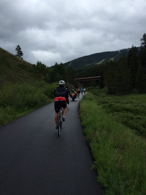 This state trooper was on the bike path down from Vail Pass trying to control the downhill speed.  The problem was he was going around 14 mph, which was ridiculously slow. I didn't get it.  We'd ridden 80 miles in the rain already.