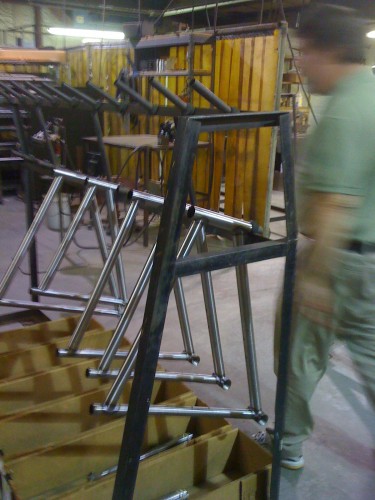Steel frames waiting for some rear triangles to be attached.  Seems like there were a lot of cross bikes going out.  