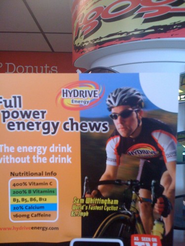 I took this photo at a gas station in Iowa.  Some energy pill.  I was thinking maybe Mark Cavendish could use this guy for his leadouts. (He really is the World's Fastest Cyclist, technically.)