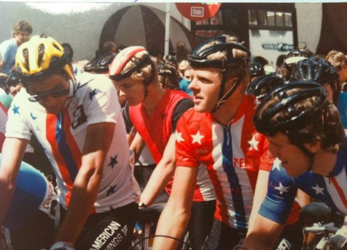 I think this is the start of the Vail Criterium in 1984,  This is Alexi, Ron Keifel and myself.  That was an Olympic year and they only allowed National Teams in the race.  The US got three teams, the red team, white team and blue team.