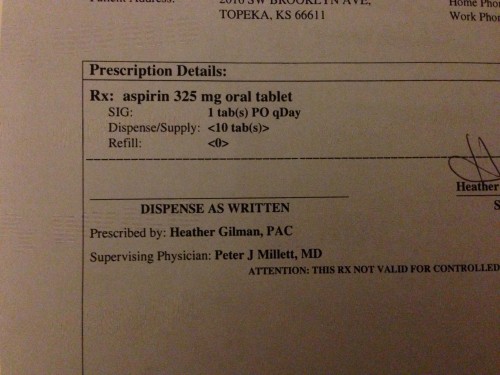 I left the hospital with prescription for aspirin.  I've been taking the 81 mg ones ever since I got that blood clot in my leg from crashing last April.  I wasn't positive that they sold the 325mg over the counter still after seeing this.  They do.