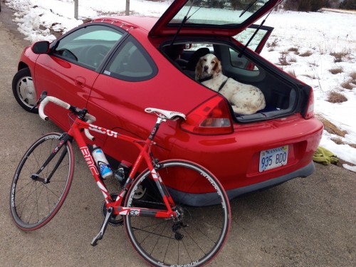 Trudi rode the 25 miles over to the race.  Her bike barely fit into the Insight.