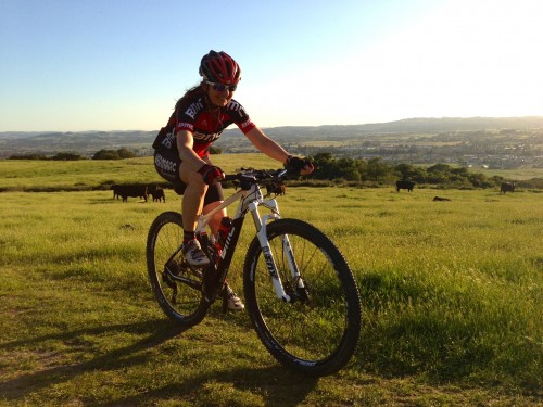 Trudi out towards dusk riding a BMC 29'r in California.  Now she wants one, go figure.