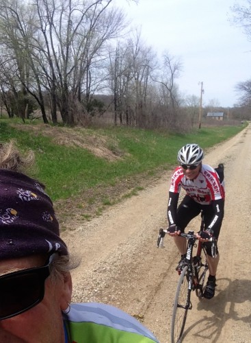 Dennis following on gravel on his new road bike.  It is rarer than a Yeti sighting.