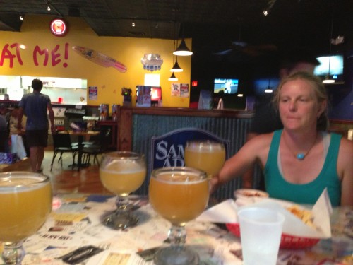Michelle, Brian wife, at dinner, with schooners of beer.  Man, did those taste great.