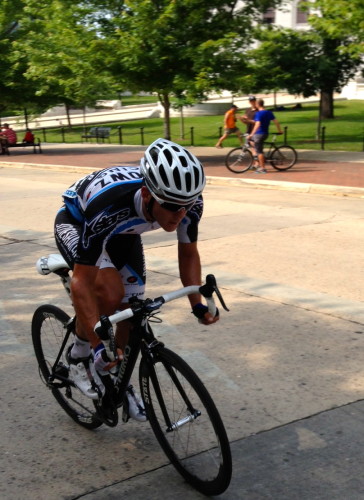 Joseph rode a few laps off the front ,on his own, towards the end of the race.