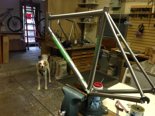 At Kent Eriksen's shop taking a look at my new road frame.