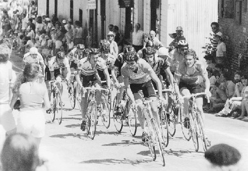 Dale, 2nd for the front, at the Nevada City Criterium.  I'm out of the picture, obscured, but my team mate Andy Hampsten is there along with Chris Carmichael and a few others.