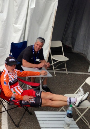 This is Eric Heiden, one of the team doctors from BMC, waiting at drug control with yesterday's stage winner, Mathias Frank.
