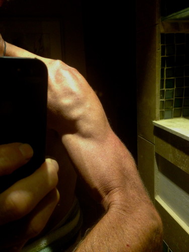 My arm was sort of sore when I got home and I noticed this weird muscle thing going on when I got out of the shower.  I emailed the photo to my friend Stacy and she said that it was maybe a Deltoid muscle spasm.  It feels solid, just like muscle.  Kind of creepy.