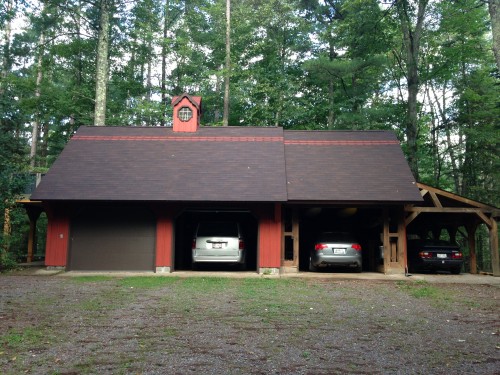 New shingles on the primitive living lodge.  I like the red accent.