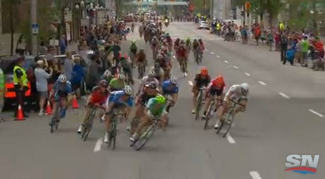 Check the angle at that Peter Sagan's bike is at compared to the other riders.