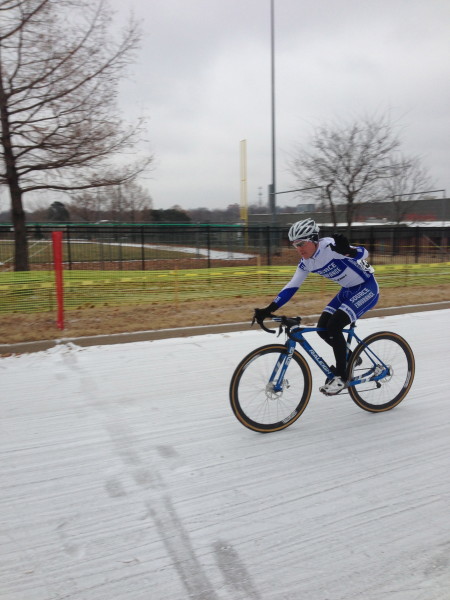 Joseph Schmalz winning the 1/2 race.  He is state Champion on the road, criterium and now cyclocross.  A clean sweep.