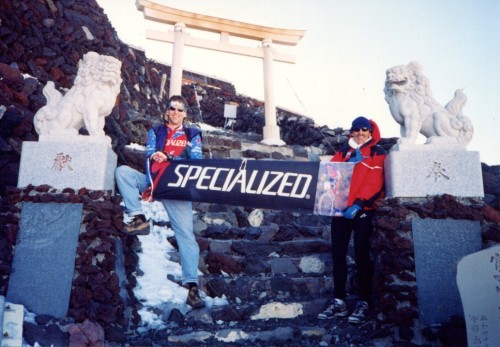 Near the top of Mt. Fuji, flying the Specialized colors.