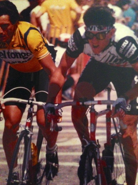Sprinting for a $500 prime on the Morgul-Bismark course at the Coor's Classic with Giuseppe Saronni, sans helmet.