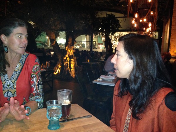 Sue and Ann at dinner last night.  Notice the olive tree inside the restaurant behind them.