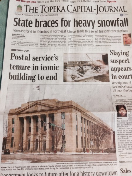 Predicted snowfall and main post office closing announced on the same day.  