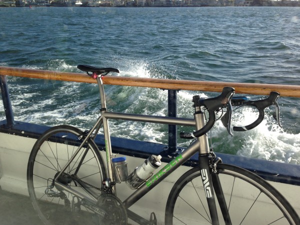 My bike on the ferry back to San Diego.  Still no bar tape.  I don't have the levers positioned right, or the sprint shifters either.