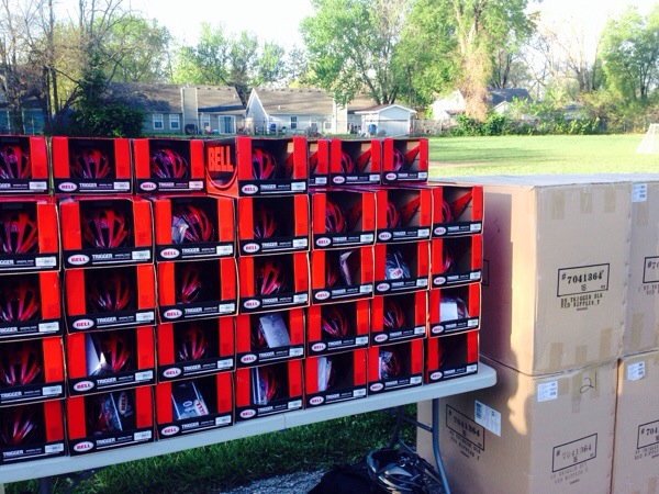 Stack of helmets before they got to their kids head.