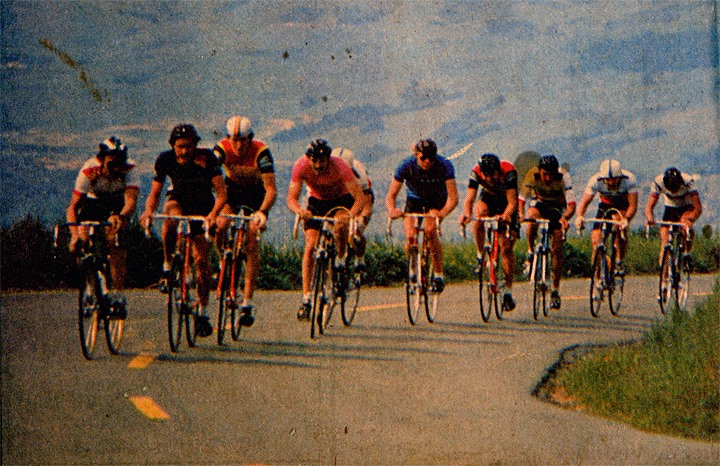 I have a better picture of this, but in the photo is George Mount, Dale Stetina, me, Bob Roll, Roy Knickman,  and others.  It is great seeing Peter Stetina riding the climb today, following in his father's footsteps.
