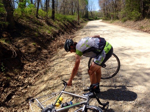 Brian wasn't so happy I talked him into riding on gravel on the way to Lawrence, he flatted.