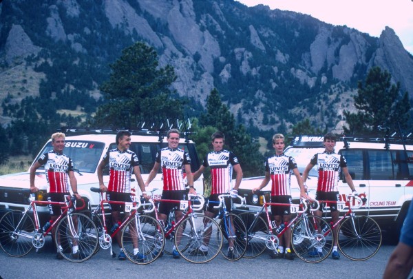 One of the slide scans, the Levis/ Isuzu team from the before the Coor's Classic.  This is Greg Demgen, Roy Knickman, Thurlow Rogers, Phil Anderson, Andy Hampsten and me.  I still have one of those Isuzu Troopers behind us.
