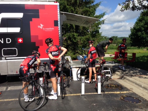 The BMC guys getting ready to ride over to the road course this morning.  I was jealous.
