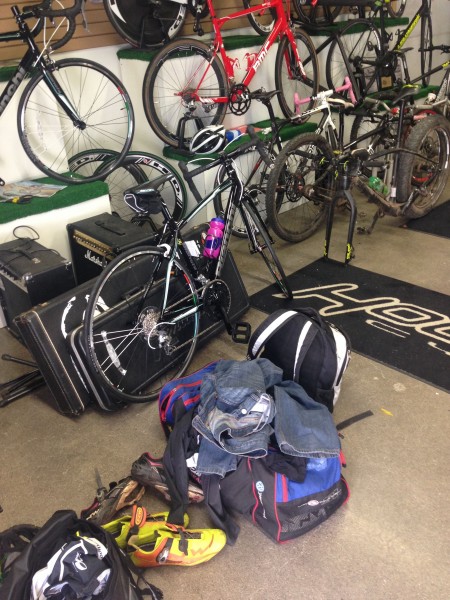 I like going into a bike shop and seeing a pile of post race stuff.  Such was the case yesterday at Hollywood's.  