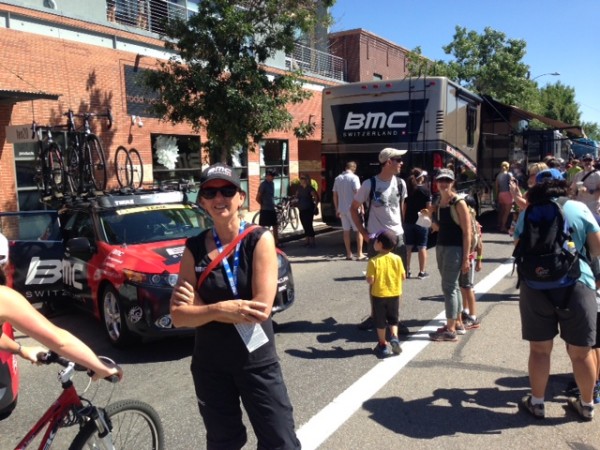 Trudi working yesterday in Boulder before the start.