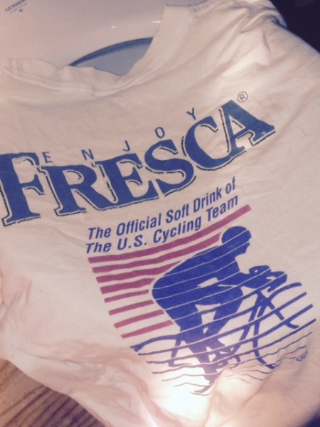 I found this old t-shirt in the grout cleaning rag pile.  Fresca for cycling, yum.