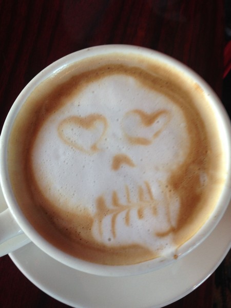 They put little skeleton faces in the drinks at the Freemont Coffee Company.  