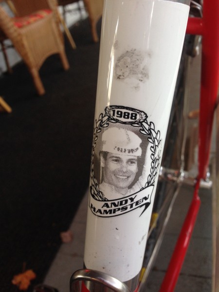 I saw this Hampsten bike at the coffeshop yesterday.  I was hoping to get by Hampsten Cycles and visit Steve, Andy's brother, but guess next trip.