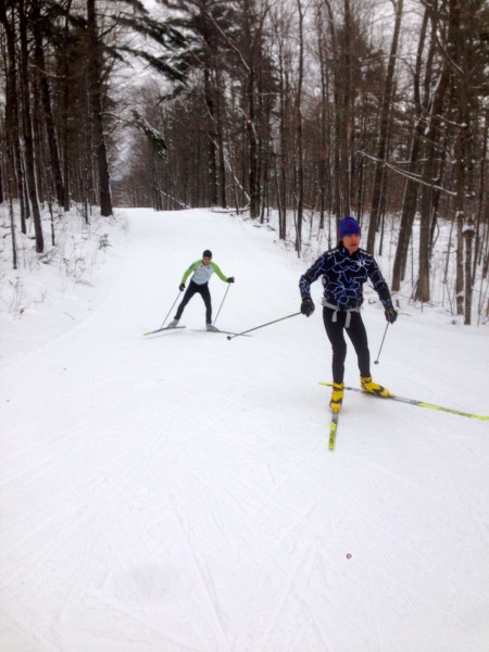 Karl and BIll skiing up to the high point on the Birkie trail yesterday.