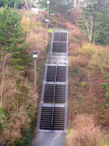 Yesterday I rode down this stairs, well not on the stairs, but on the little edge beside the stairs.  I saw this from the I-90 bridge and thought it looked fun.  I didn't anticipate how wet it was.  Plus, it was steeper than it looked.  I got a little crossed up towards the bottom and thought to myself it would have been a real disaster if I would have fallen.  LIttle steep and slick for a road bike.