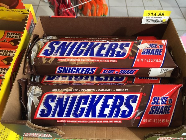A $14 Snickers bar.  I don't know how many bags I could buy of mini Snickers around Halloween, but it would have to add up to more than this one big bar.