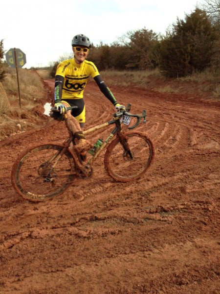 This is Nick Frey, founder of Boo Cycles, all clogged up.  He came a long way from Colorado to be bogged down in this red muck.  I know, by personal experience, how ugly Oklahoma mud can be.